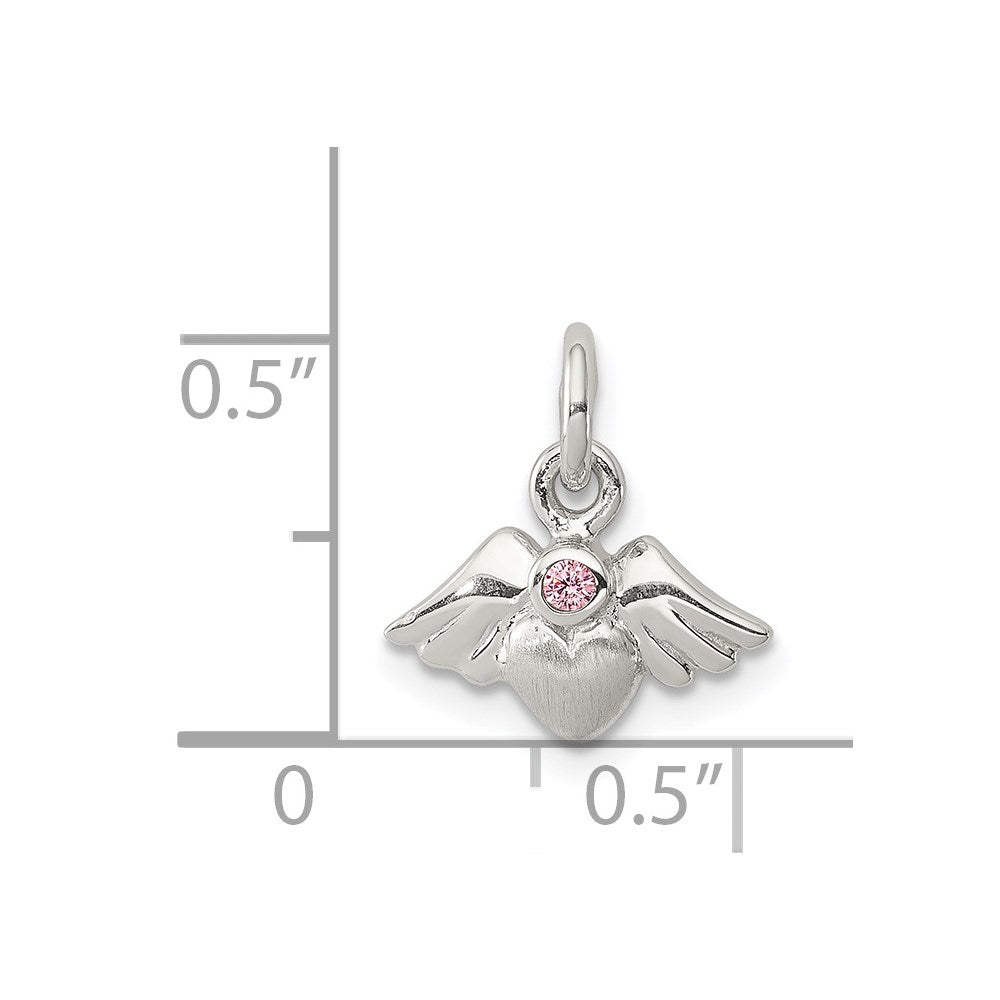 Sterling Silver Rhod-Pltd Polished/Satin Heart W/Wings Pink Cz Pendant