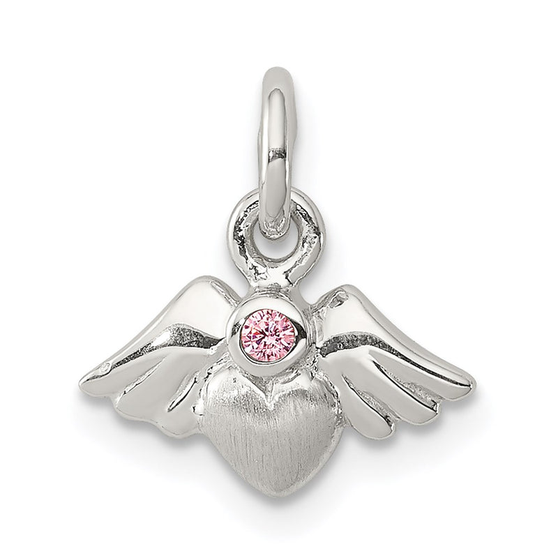 Sterling Silver Rhod-Pltd Polished/Satin Heart W/Wings Pink Cz Pendant