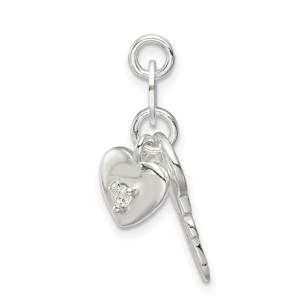 Sterling Silver Polished Cz Heart And Key Charm