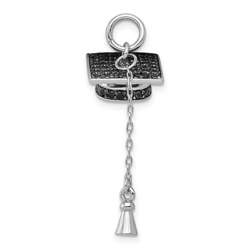 Sterling Silver Rhodium-Plated Graduation Cap W/Black Cz Pendant