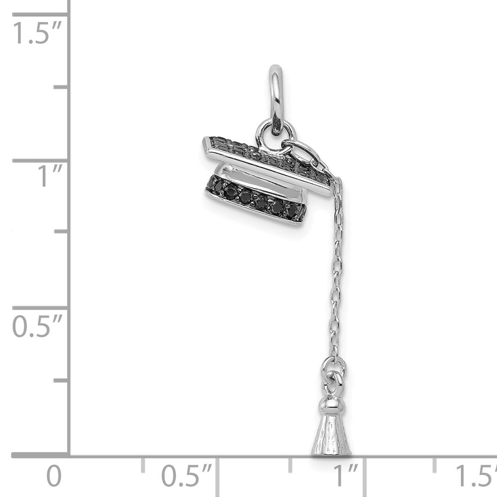 Sterling Silver Rhodium-Plated Graduation Cap W/Black Cz Pendant