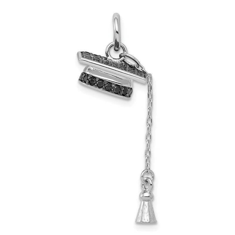 Sterling Silver Rhodium-Plated Graduation Cap W/Black Cz Pendant