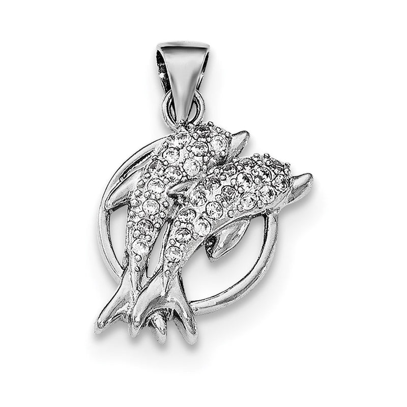 Sterling Silver Rhodium-Plated Polished Cz Double Dolphin Pendant