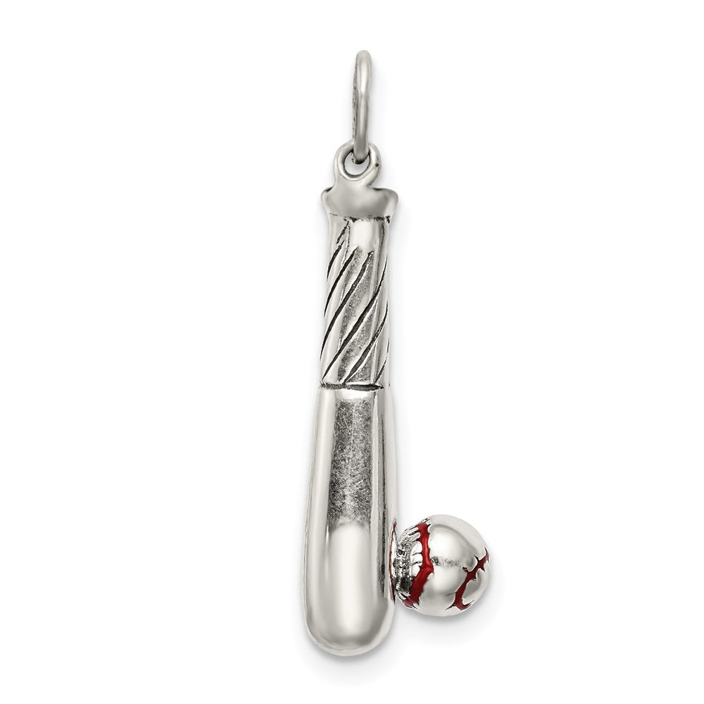 Sterling Silver Polished And Antiqued Enamel Bat Ball Charm