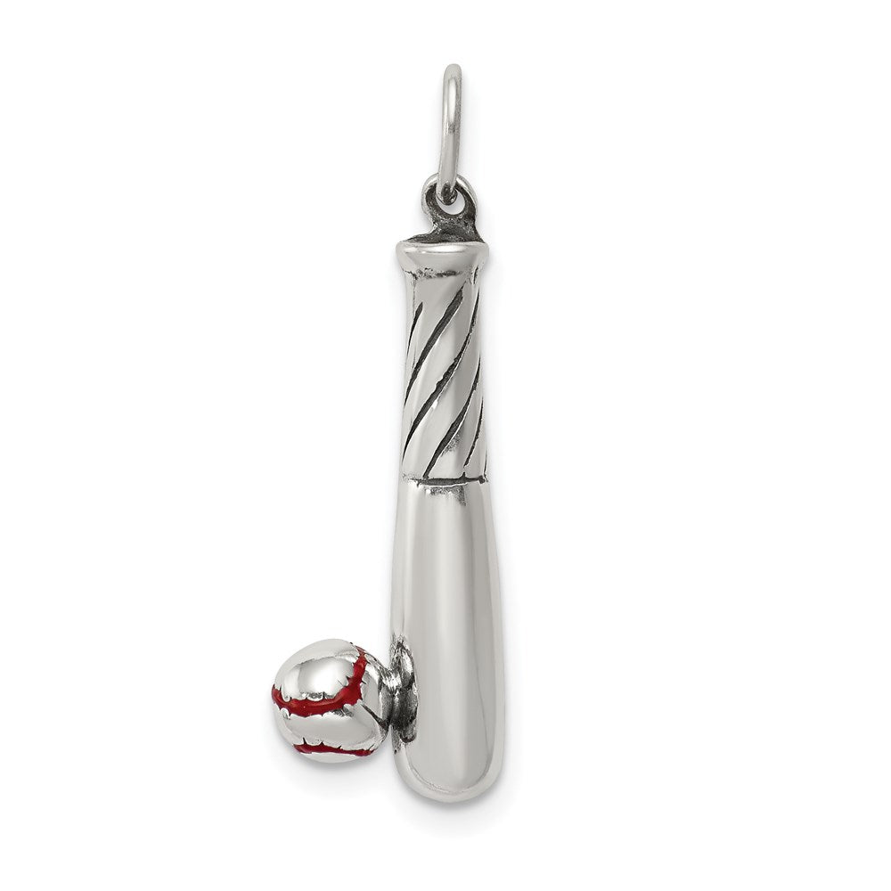 Sterling Silver Polished And Antiqued Enamel Bat Ball Charm