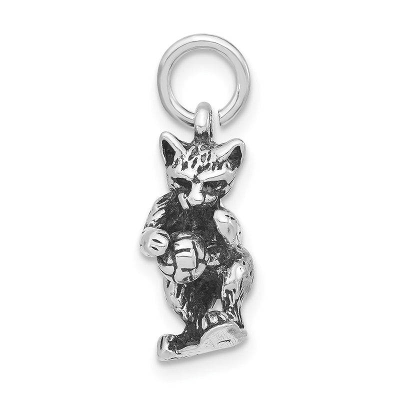 Sterling Silver 3-D Polished & Antiqued Cat Playing With Ball Pendant