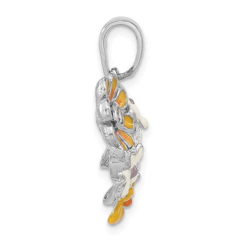 Sterling Silver Polished Cz & Enameled Floral Pendant