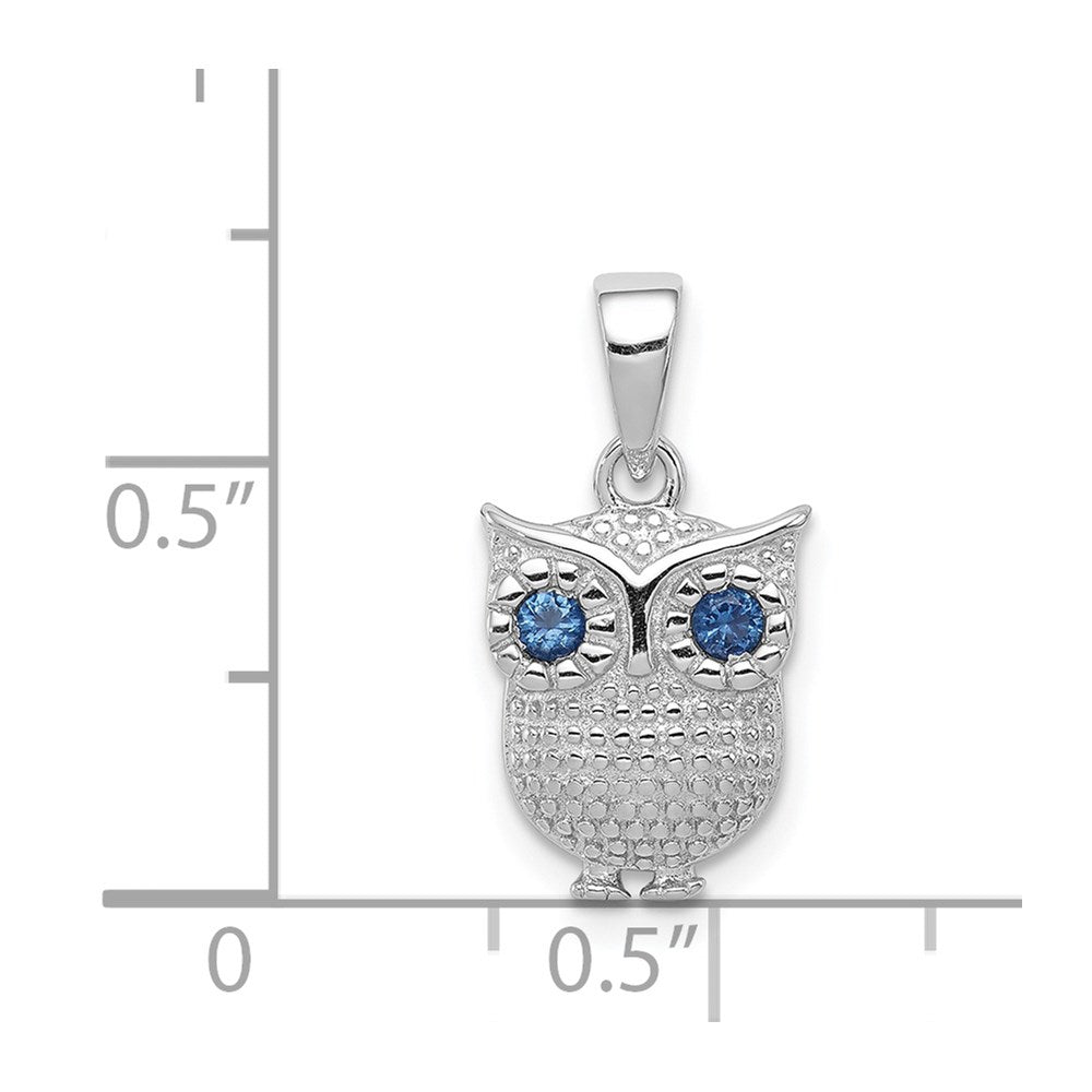 Sterling Silver Rhodium-Plated With Blue Glass Owl Pendant