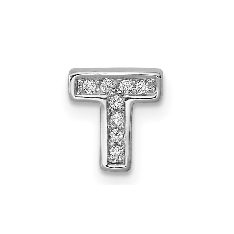 Sterling Silver Rhodium-Plated Cz Letter T Initial Slide Charm