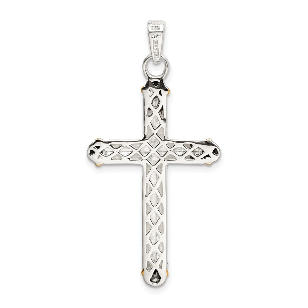 Silver/14K Two-Tone Sterling Silver W/14K White Topaz On Bail Antiqued Cross Pendant