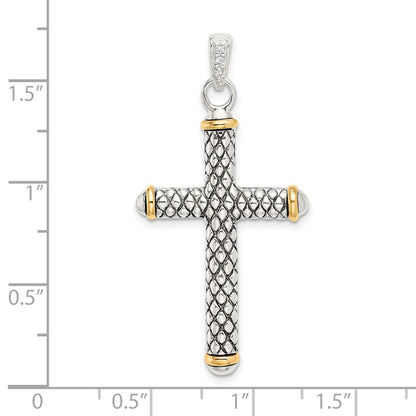 Silver/14K Two-Tone Sterling Silver W/14K White Topaz On Bail Antiqued Cross Pendant