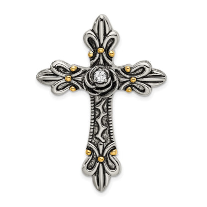 Sterling Silver Gold-Plated Cz Antiqued Cross Slide