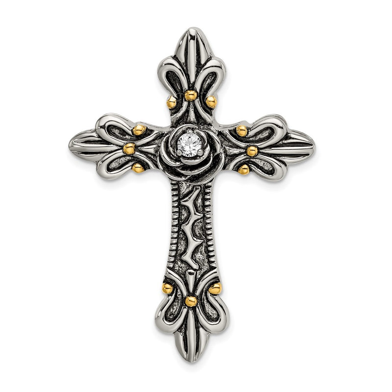 Sterling Silver Gold-Plated Cz Antiqued Cross Slide