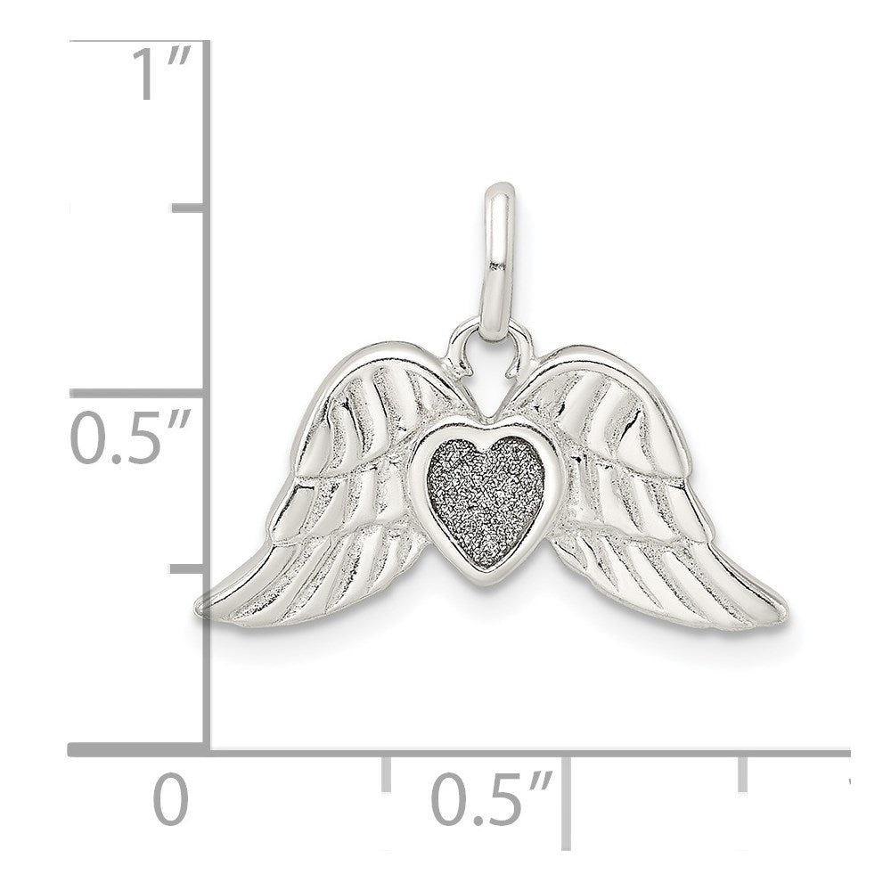 Sterling Silver Polished Enamel Glitter Fabric Heart W/Wings Pendant