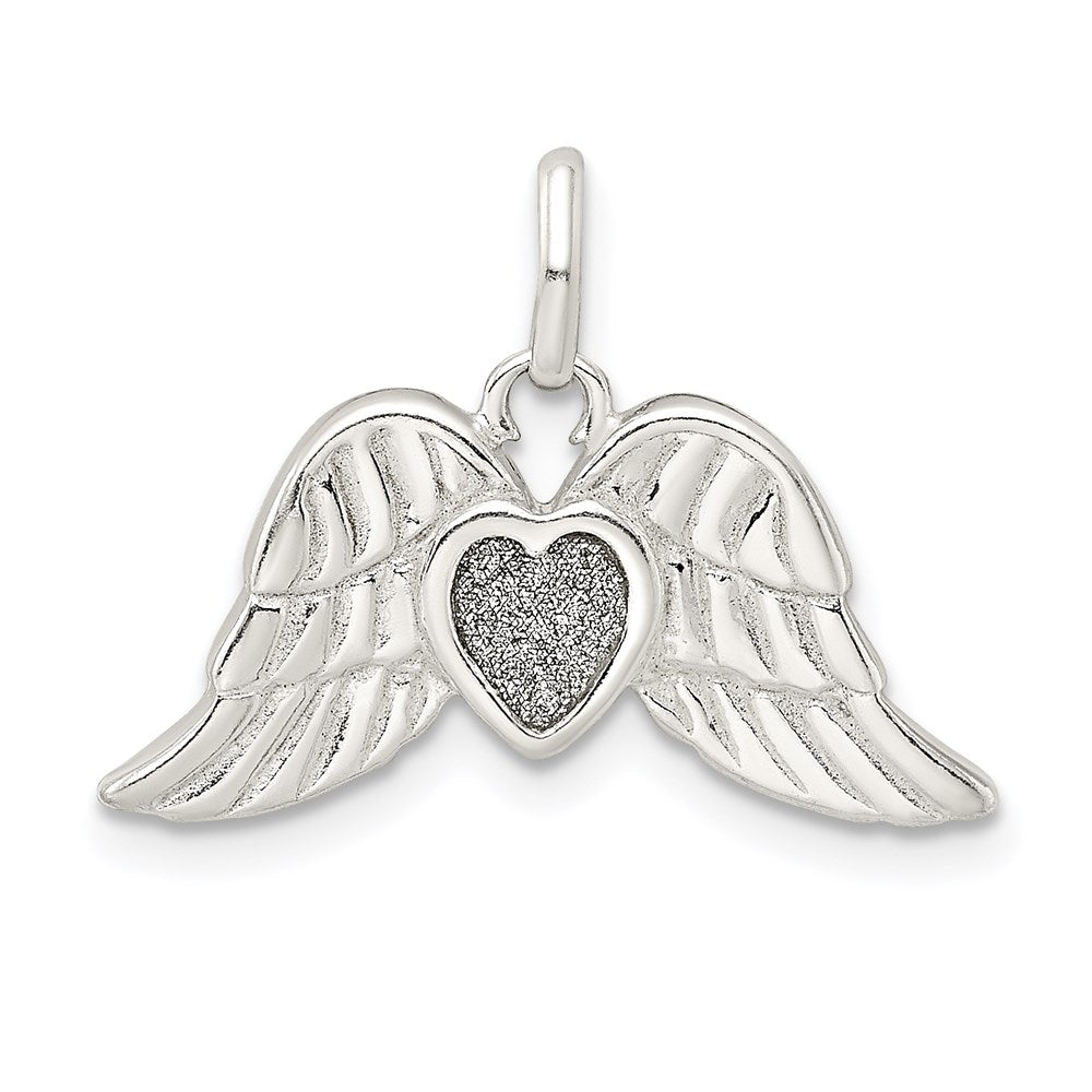 Sterling Silver Polished Enamel Glitter Fabric Heart W/Wings Pendant