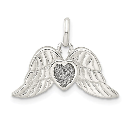 Sterling Silver Polished Enamel Glitter Fabric Heart W/Wings Pendant