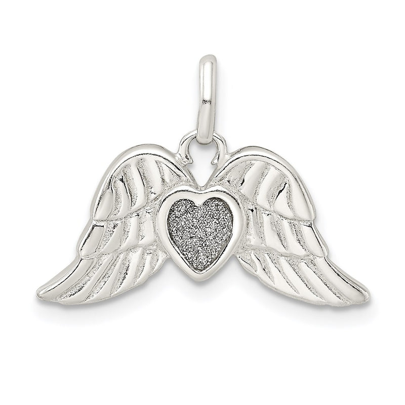 Sterling Silver Polished Enamel Glitter Fabric Heart W/Wings Pendant