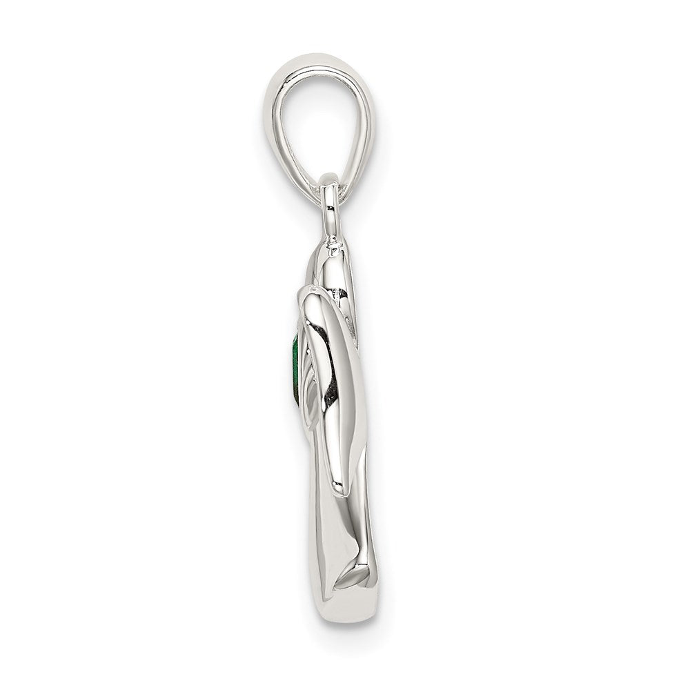 Sterling Silver Angel W/Dark Green Cz Heart Pendant