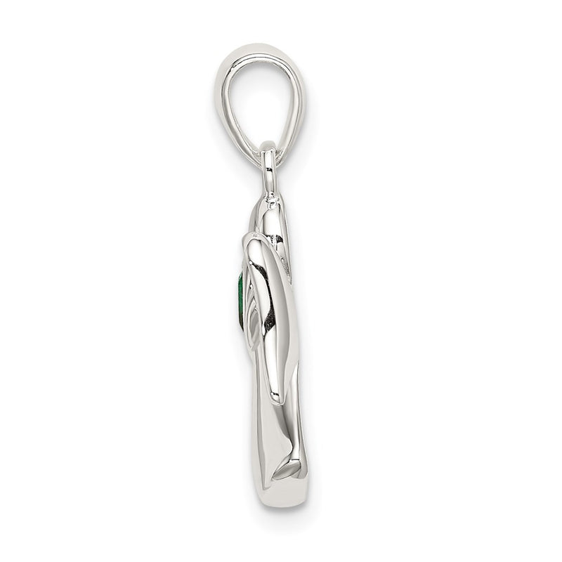 Sterling Silver Angel W/Dark Green Cz Heart Pendant