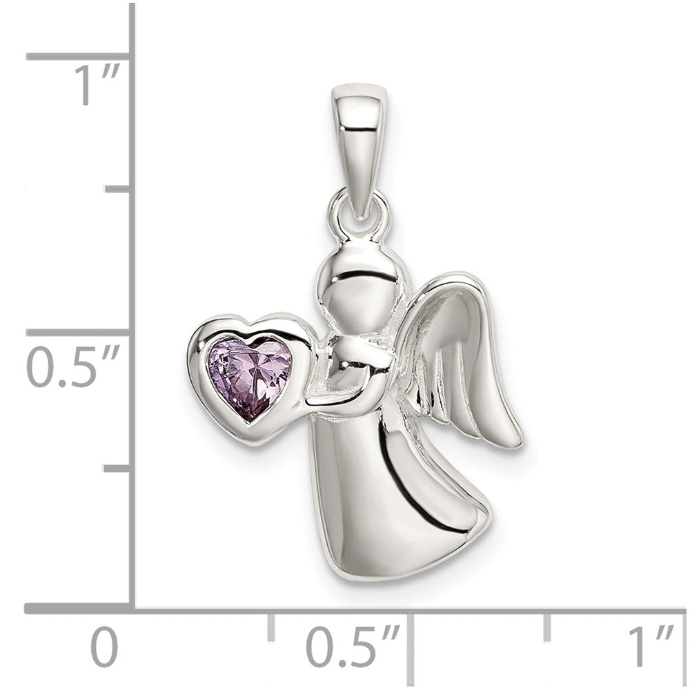 Sterling Silver Angel W/Light Purple Cz Heart Pendant