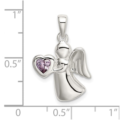 Sterling Silver Angel W/Light Purple Cz Heart Pendant