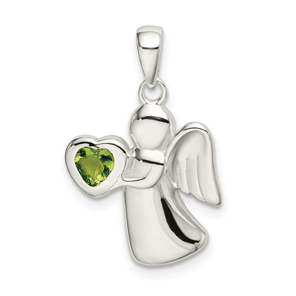 Sterling Silver Angel W/Light Green Cz Heart Pendant