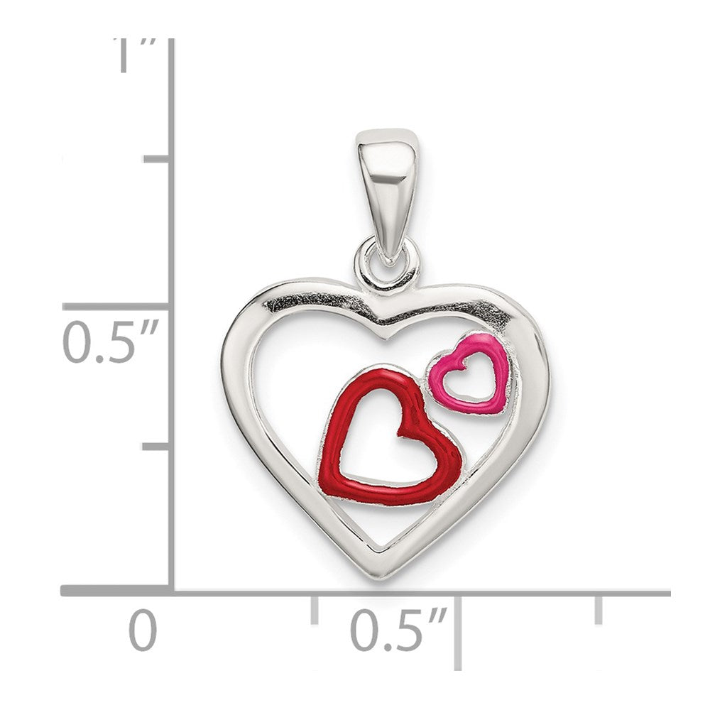 Sterling Silver Polished Red And Pink Enameled Hearts Pendant