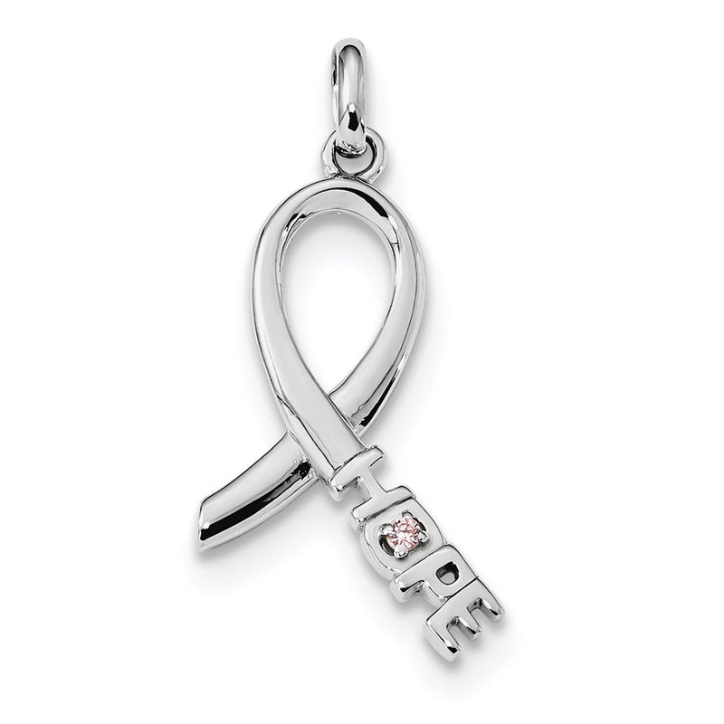 Sterling Silver Rhodium-Plated Pink Cz Hope Awareness Ribbon Pendant