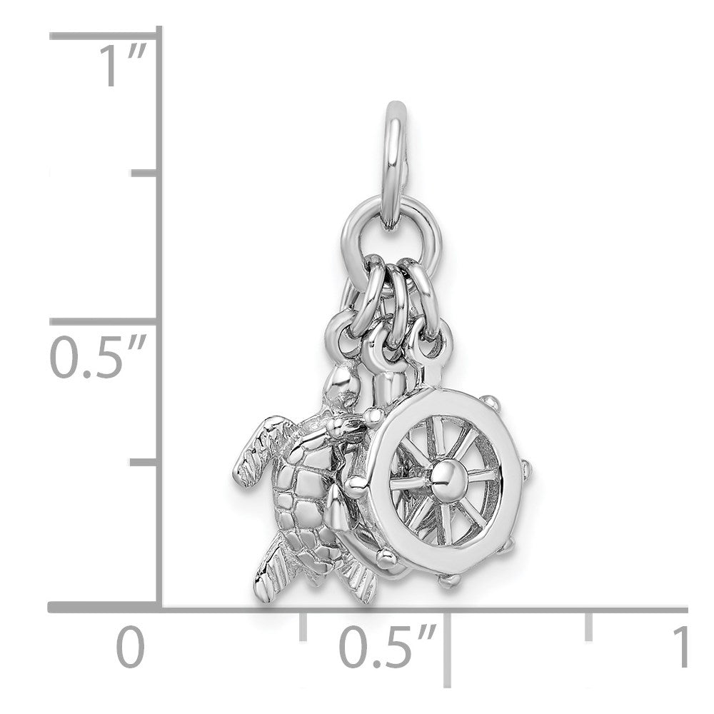 Sterling Silver Rhodium-Plated Antiqued Turtle, Anchor & Wheel Charm