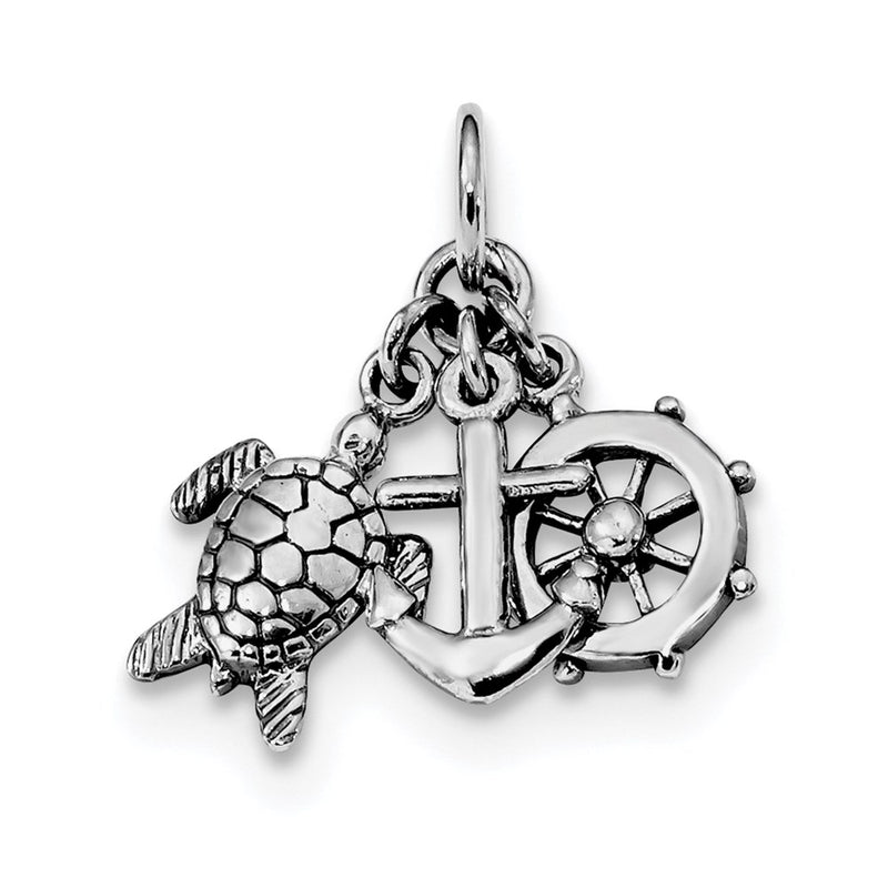 Sterling Silver Rhodium-Plated Antiqued Turtle, Anchor & Wheel Charm
