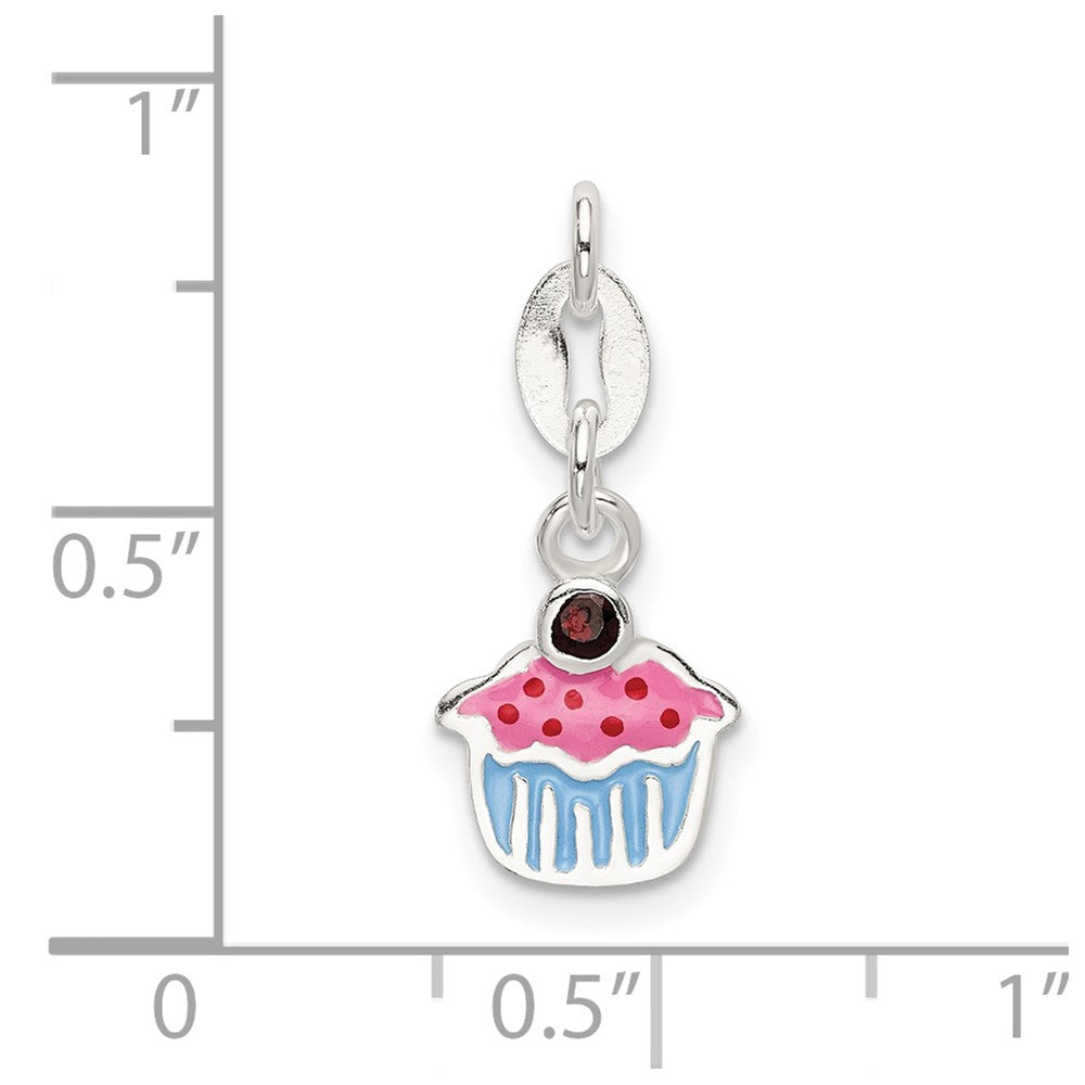 Sterling Silver Polished And Enameled Cupcake W/Garnet Charm