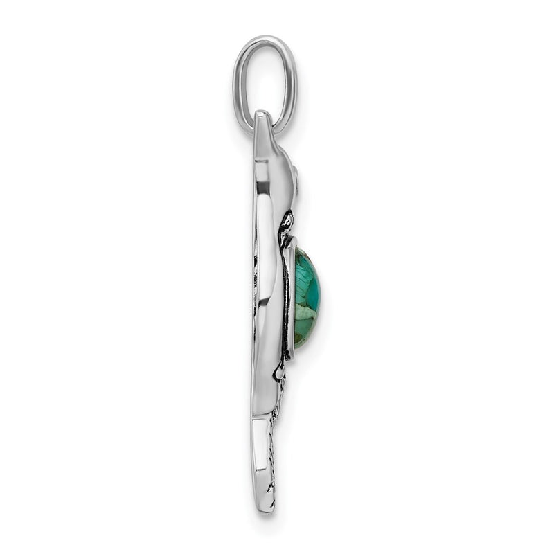 Sterling Silver Rhodium/Oxidized Recon. Turq/Cz Hummingbird Pendant