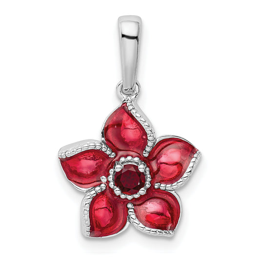 Sterling Silver Rhod-Plated Created Ruby And Enamel Flower Pendant