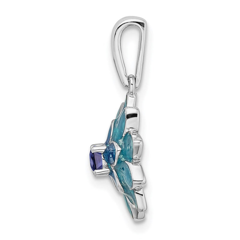 Sterling Silver Rhod-Pltd Created Sapphire And Enamel Flower Pendant