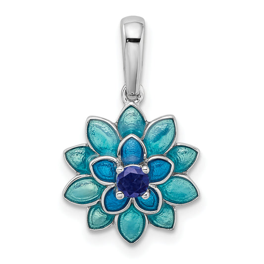 Sterling Silver Rhod-Pltd Created Sapphire And Enamel Flower Pendant