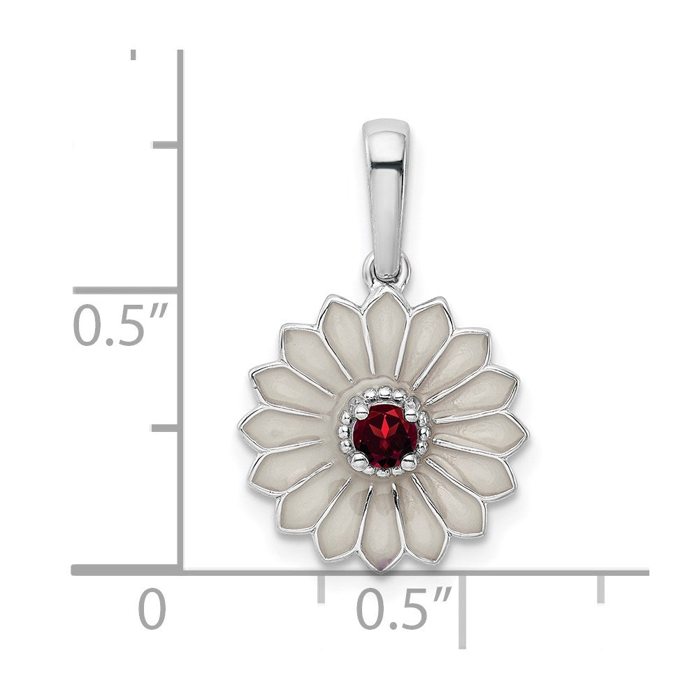 Sterling Silver Garnet And Enamel Flower Pendant