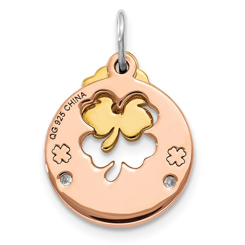Sterling Silver Rose Tone Cz Four Leaf Clover Pendant