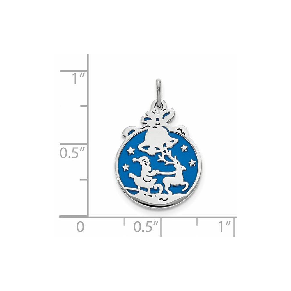 Sterling Silver Rhod-Pltd Blue Enamel Santa W/Reindeer Circle Pendant