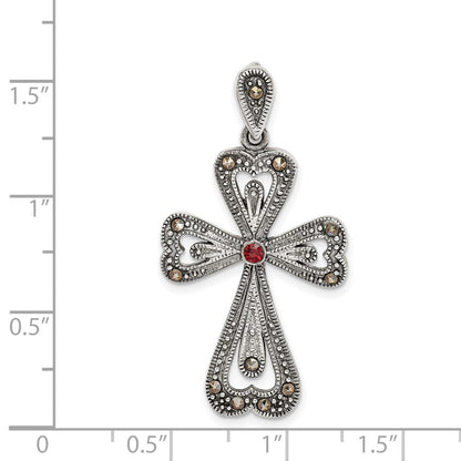 Sterling Silver Antiqued Marcasite And Garnet Cross Pendant