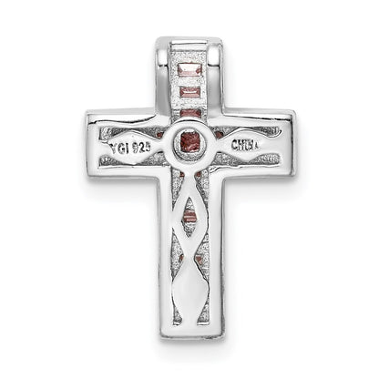 Sterling Silver Rhodium-Plated Pink & White Cz Cross Chain Slide