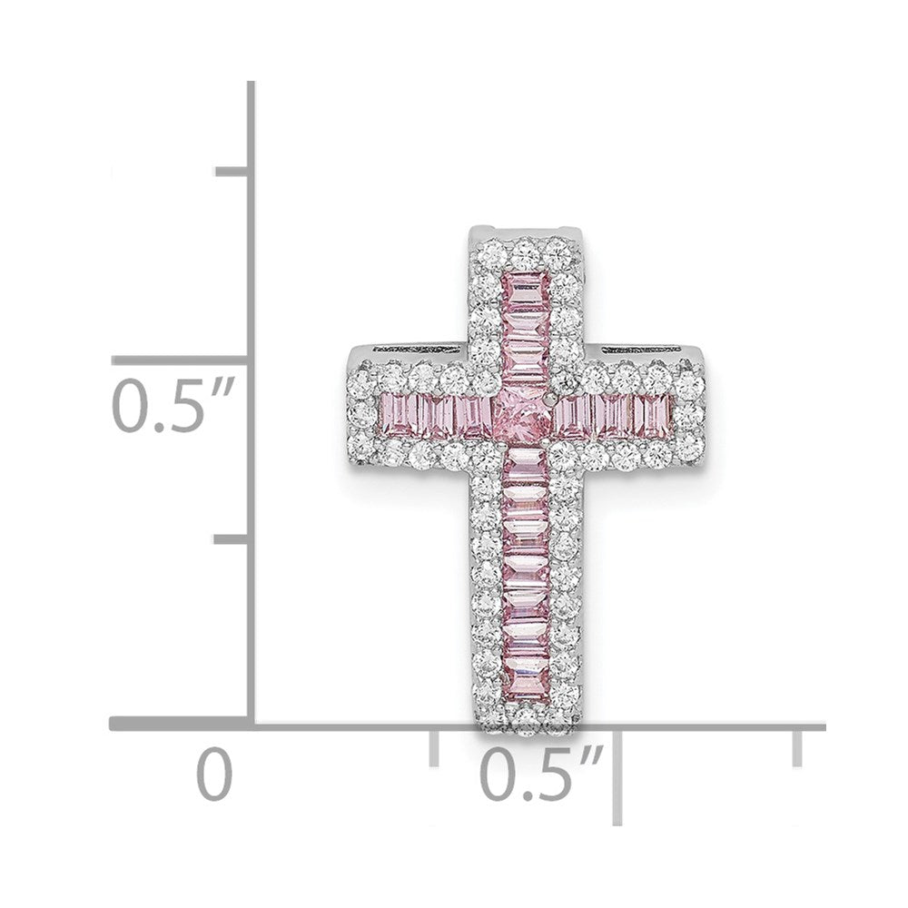 Sterling Silver Rhodium-Plated Pink & White Cz Cross Chain Slide