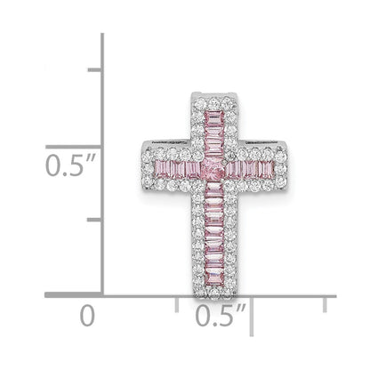 Sterling Silver Rhodium-Plated Pink & White Cz Cross Chain Slide