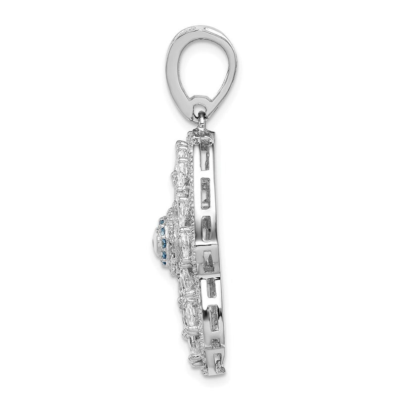 Sterling Silver Rhodium-Plated White & Blue Cz Hamsa Eye Pendant