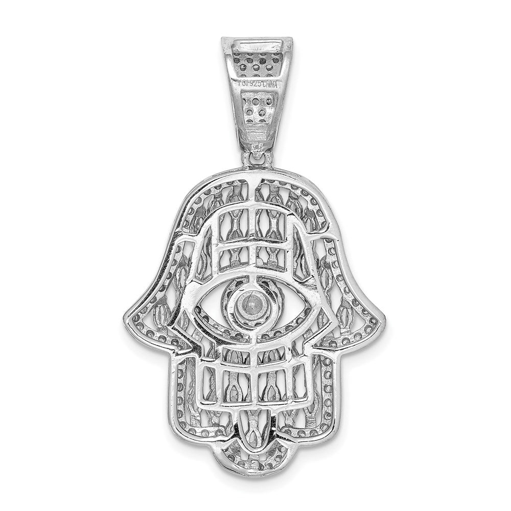 Sterling Silver Rhodium-Plated White & Blue Cz Hamsa Eye Pendant