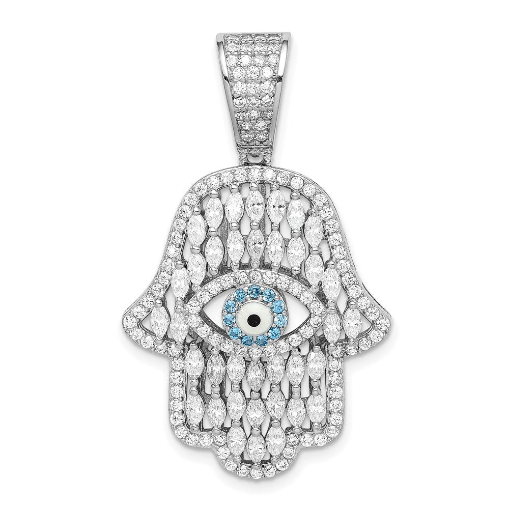 Sterling Silver Rhodium-Plated White & Blue Cz Hamsa Eye Pendant