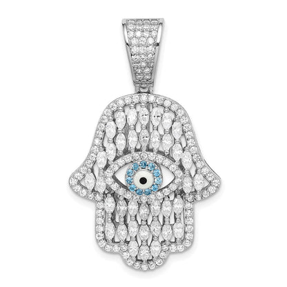 Sterling Silver Rhodium-Plated White & Blue Cz Hamsa Eye Pendant