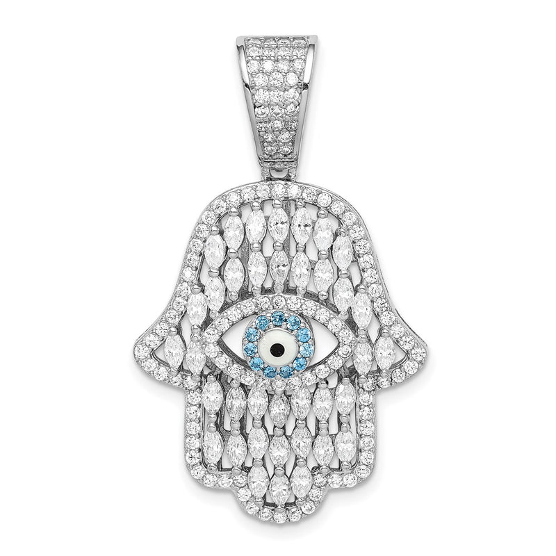 Sterling Silver Rhodium-Plated White & Blue Cz Hamsa Eye Pendant