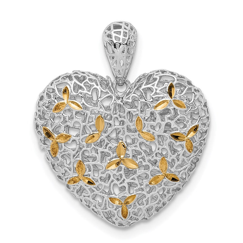 Sterling Silver Rhodium-Plated & Gold-Tone D/C Hollow Heart Pendant