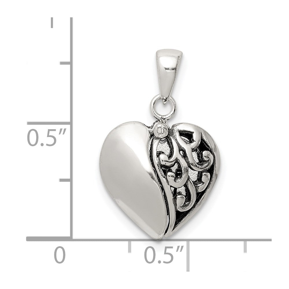 Sterling Silver Polished And Antiqued I Love You Message Within A Decorative Scroll Patterned Moveable Opening Shell Heart Pendant