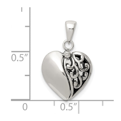 Sterling Silver Polished And Antiqued I Love You Message Within A Decorative Scroll Patterned Moveable Opening Shell Heart Pendant